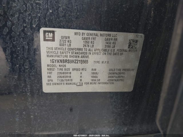 1GYKNBRS9HZ215565 Cadillac XT5 LUXURY