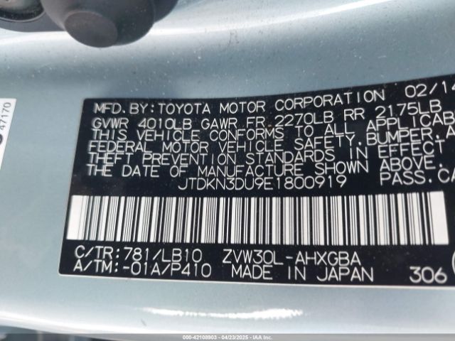 JTDKN3DU9E1800919 Toyota Prius Four