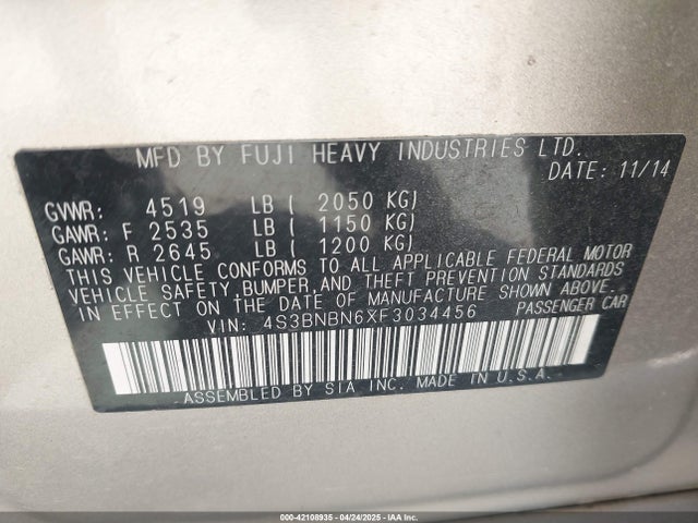 4S3BNBN6XF3034456 Subaru Legacy 2.5i Limited