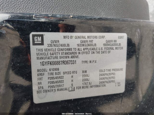 2007 CADILLAC ESCALADE ESV 1GYFK66887R367331 Photo 8