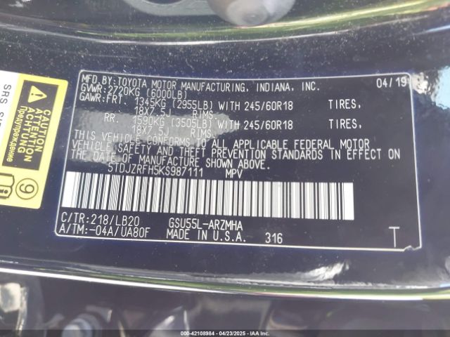 5TDJZRFH5KS987111 Toyota Highlander Xle