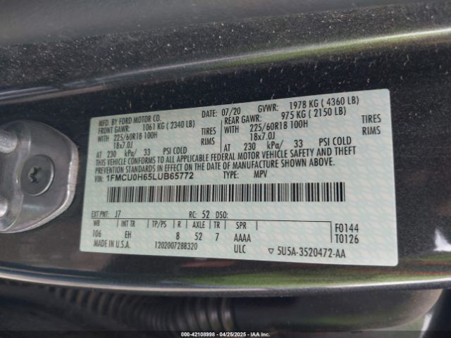 1FMCU0H65LUB65772 Ford ESCAPE SEL