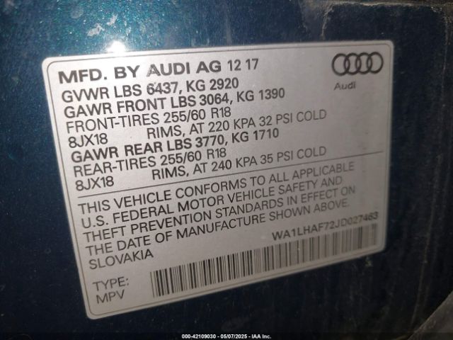 WA1LHAF72JD027463 Audi Q7 2.0t Premium