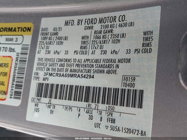 3FMCR9A69MRA54294 Ford dragon