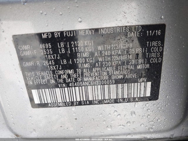 4S4BSANC6H3300059 Subaru Outback 2.5i Limited