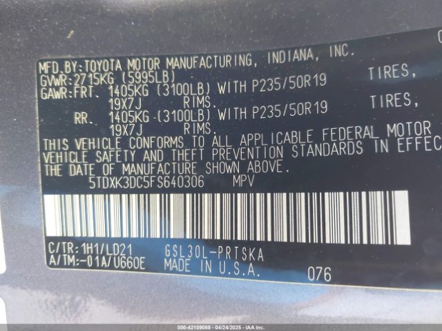 5TDXK3DC5FS640306 Toyota Sienna Se 8 Passenger