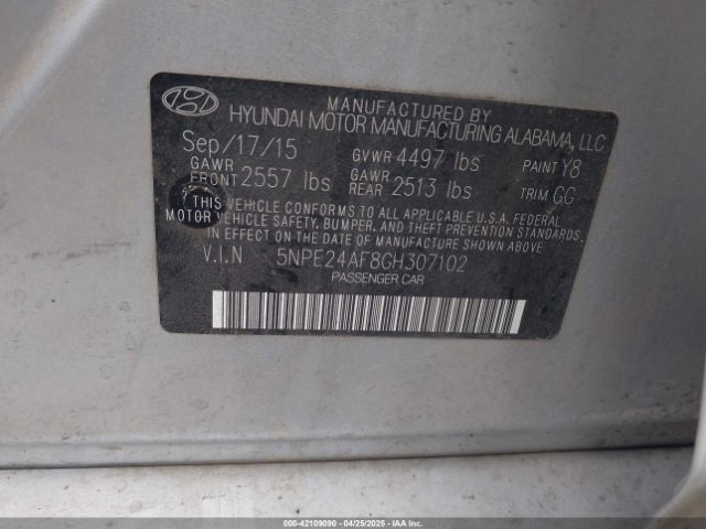 5NPE24AF8GH307102 Hyundai SONATA SE