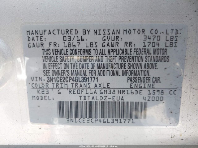 Nissan Versa Note S (sr)/s Plus/sl/sr/sv 2016 3N1CE2CP4GL391771 Image 9
