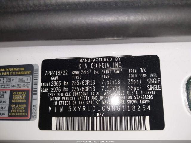 5XYRLDLC9NG118254 KIA Sorento X-line S