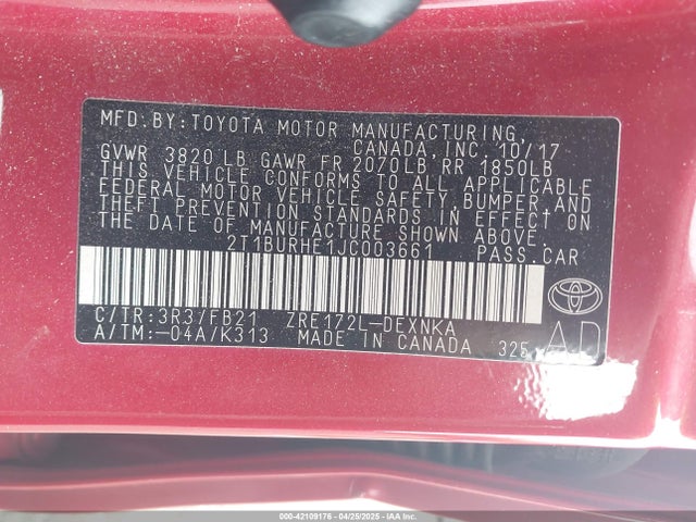 2T1BURHE1JC003661 Toyota COROLLA LE