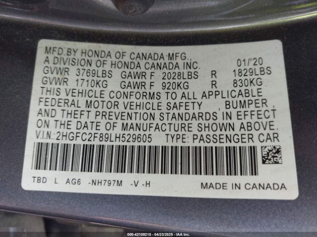 2HGFC2F89LH529605 Honda Civic Sport