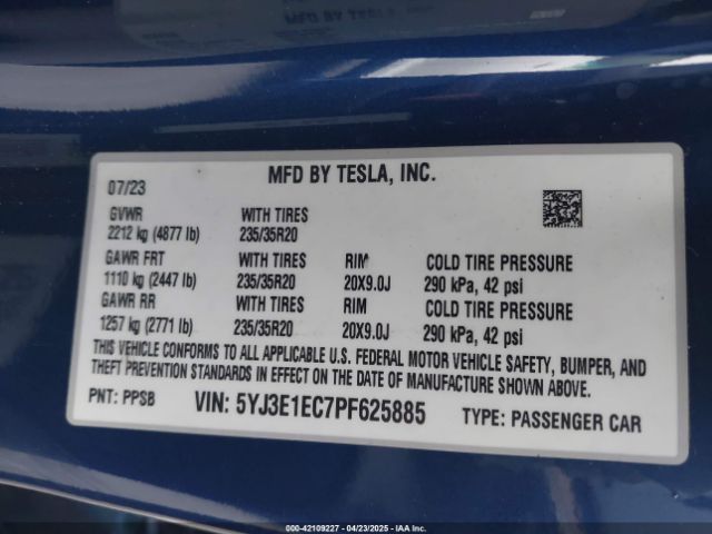 5YJ3E1EC7PF625885 Tesla Model 3 Performance Dual Motor All-wheel Drive