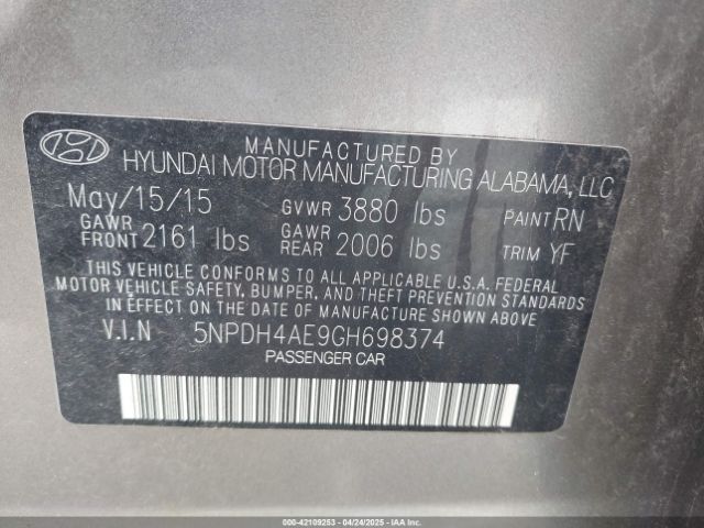 5NPDH4AE9GH698374 Hyundai ELANTRA SE