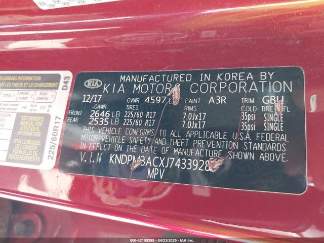 KNDPM3ACXJ7433928 KIA gdi theta ii