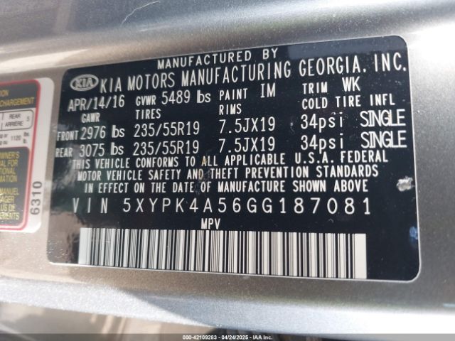 5XYPK4A56GG187081 KIA Sorento 3.3l Sx