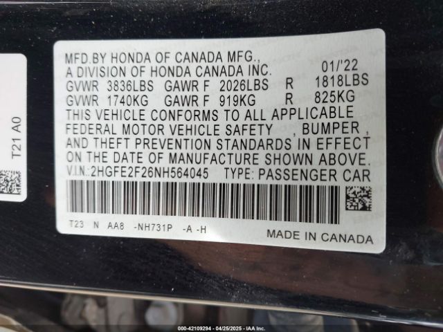 2022 HONDA CIVIC 2HGFE2F26NH564045 Photo 8