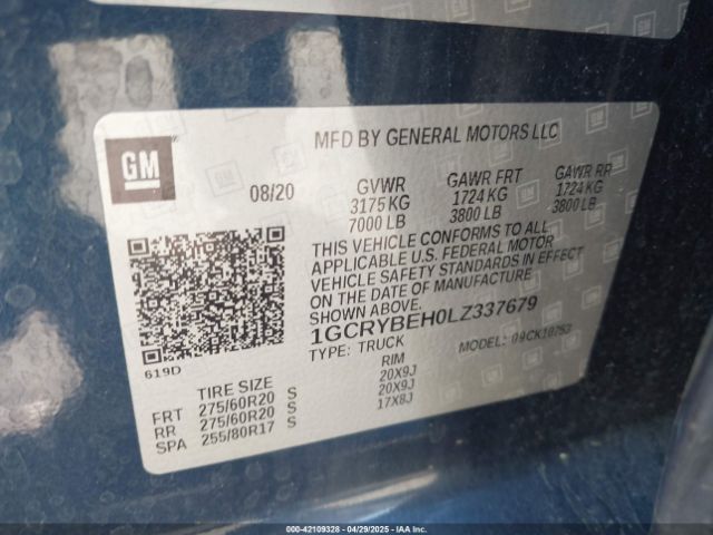 1GCRYBEH0LZ337679 Chevrolet Silverado 1500 4wd Double Cab Standard Bed Custom