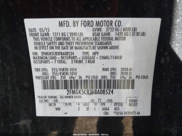 2FMGK5C83FBA08524 Ford FLEX SEL