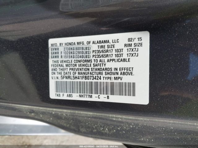 5FNRL5H41FB073424 Honda ODYSSEY EX