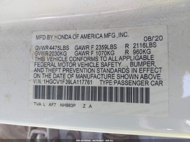 1HGCV1F39LA117761 Honda Accord Sport