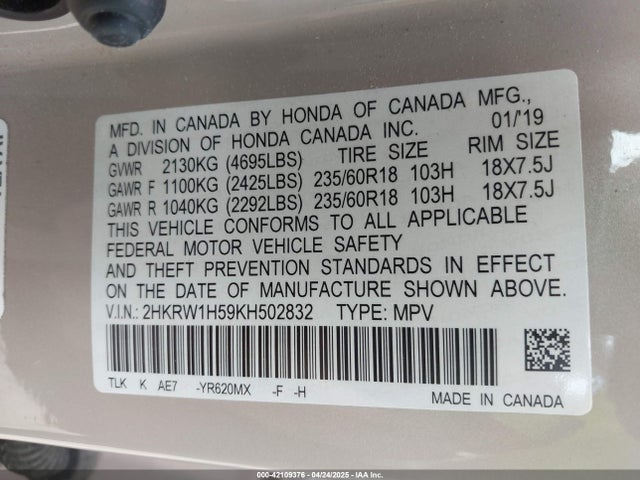 2HKRW1H59KH502832 Honda CR-V EX
