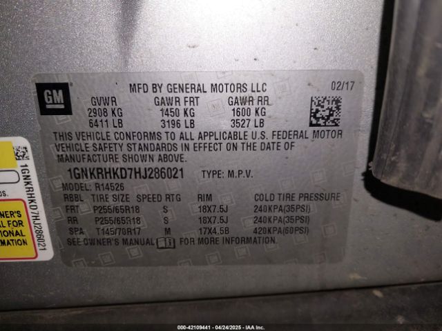 1GNKRHKD7HJ286021 Chevrolet Traverse 2lt