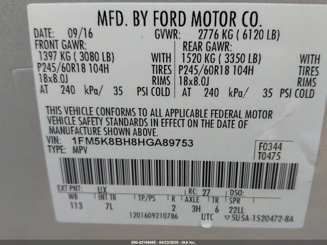1FM5K8BH8HGA89753 Ford Explorer