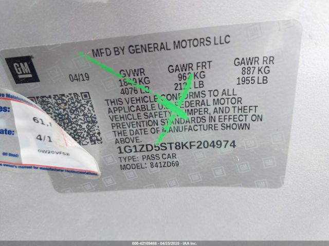 1G1ZD5ST8KF204974 Chevrolet MALIBU LT