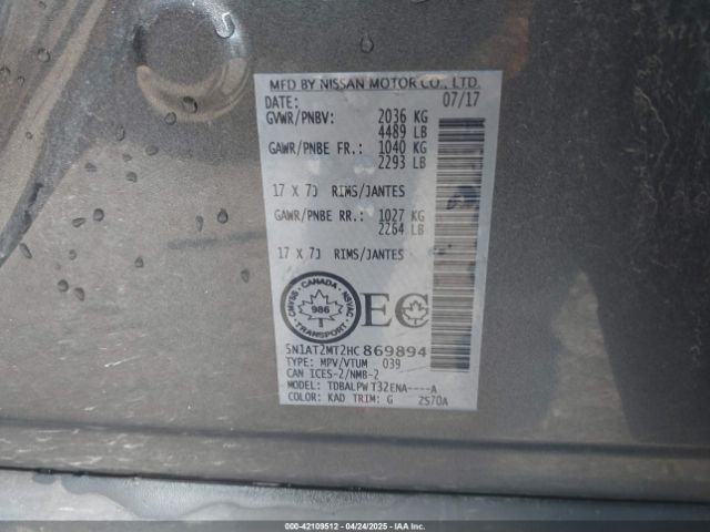 5N1AT2MT2HC869894 Nissan Rogue S/sl/sv