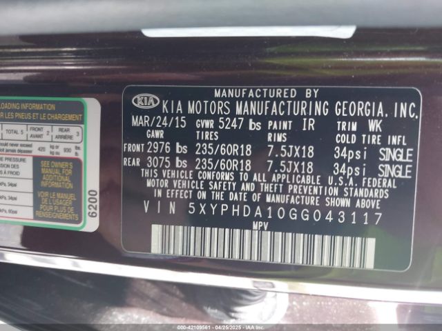5XYPHDA10GG043117 KIA Sorento 2.0t Ex