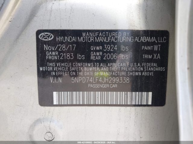 5NPD74LF4JH299338 Hyundai ELANTRA SE
