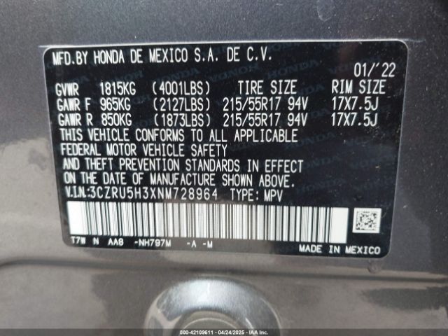 3CZRU5H3XNM728964 Honda Hr-v 2wd Lx