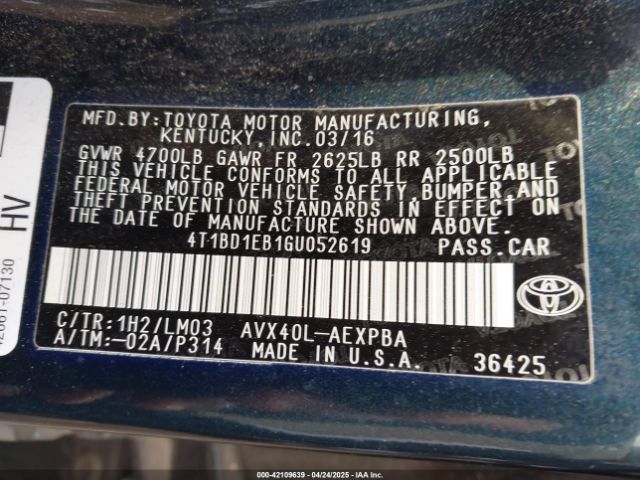 4T1BD1EB1GU052619 Toyota Avalon Hybrid Limited