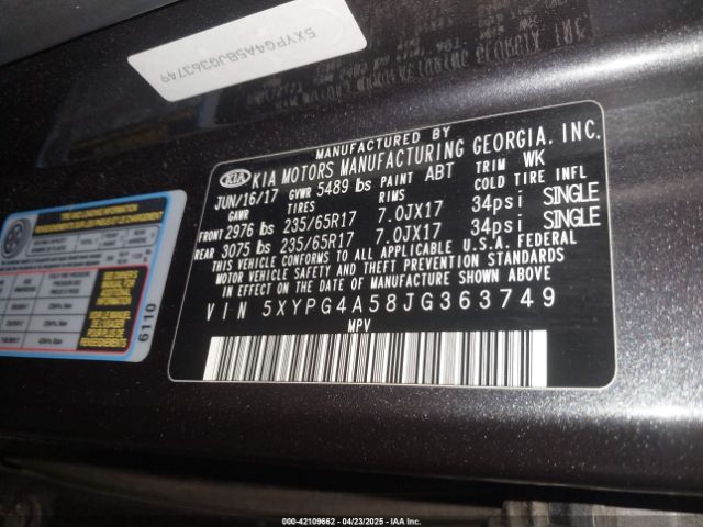 5XYPG4A58JG363749 KIA Sorento 3.3l Lx
