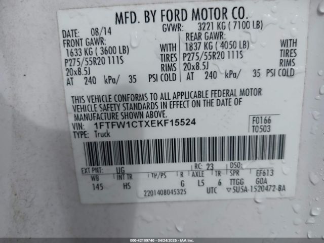 1FTFW1CTXEKF15524 Ford F-150 Lariat