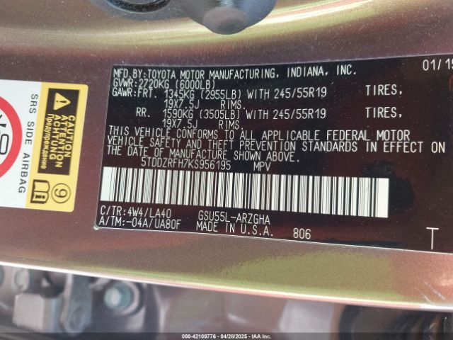 5TDDZRFH7KS956195 Toyota Highlander Limited