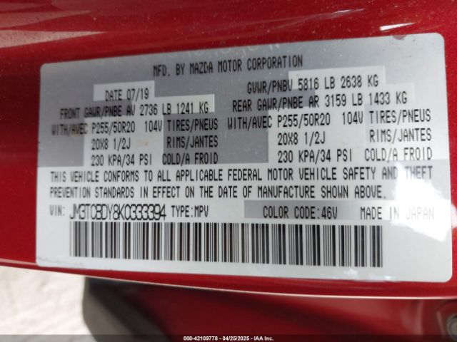 JM3TCBDY8K0333394 Mazda Cx-9 Grand Touring