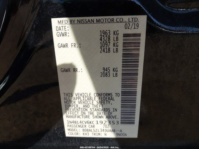 Nissan Altima 2.5 Sr 2019 1N4BL4CV6KC192353 Image 9