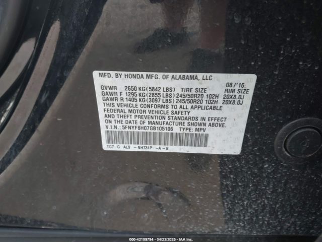 5FNYF6H07GB105106 Honda Pilot Elite