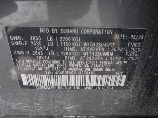 4S4BSENC6J3370450 Subaru Outback 3.6r Limited