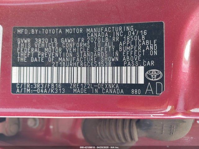 2T1BURHE8GC651538 Toyota 2zr-fe