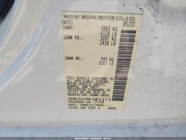 1N4BL4CV5NN385375 Nissan Altima Sr Fwd