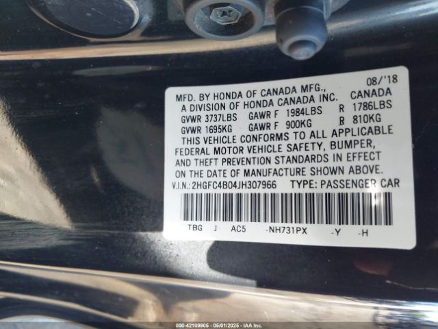2HGFC4B04JH307966 Honda Civic Lx-p