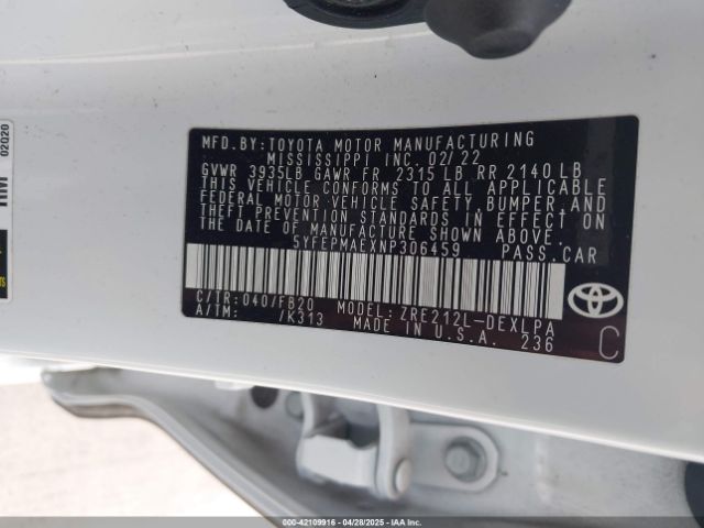 5YFEPMAEXNP306459 Toyota COROLLA LE