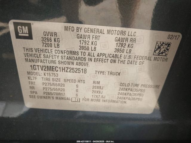 2017 GMC SIERRA 1500 1GTV2MEC1HZ252518 Photo 8