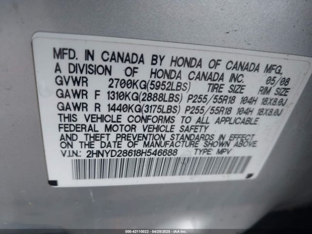 2008 ACURA MDX 2HNYD28618H546688 Photo 8