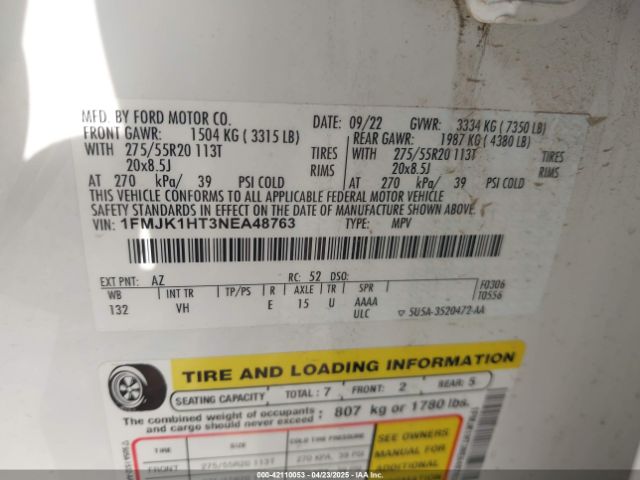 1FMJK1HT3NEA48763 Ford Expedition Xlt Max