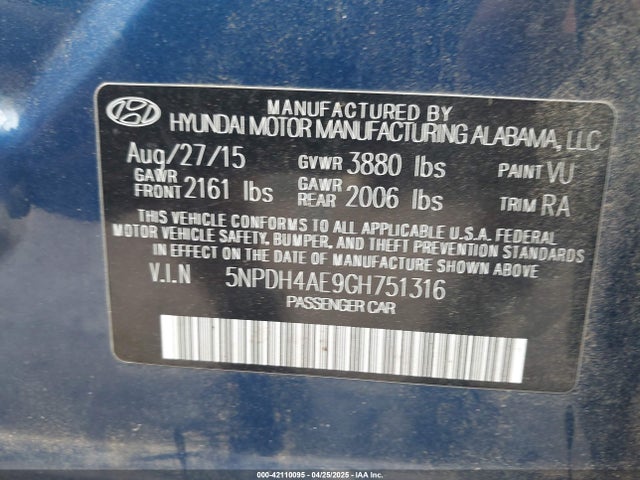 5NPDH4AE9GH751316 Hyundai ELANTRA SE