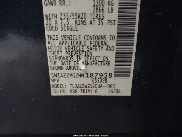 5N1AZ2MG2HN187958 Nissan Murano Platinum