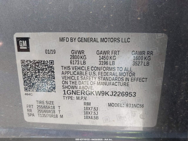 1GNERGKW9KJ226953 Chevrolet Traverse 1lt